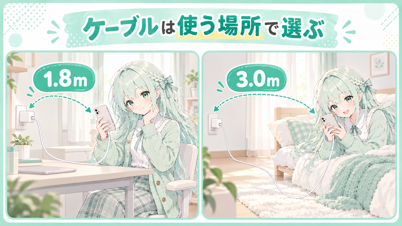 机で使う1.8mとベッドまで届かせる3.0mのUSB-C充電ケーブルの比較イラスト