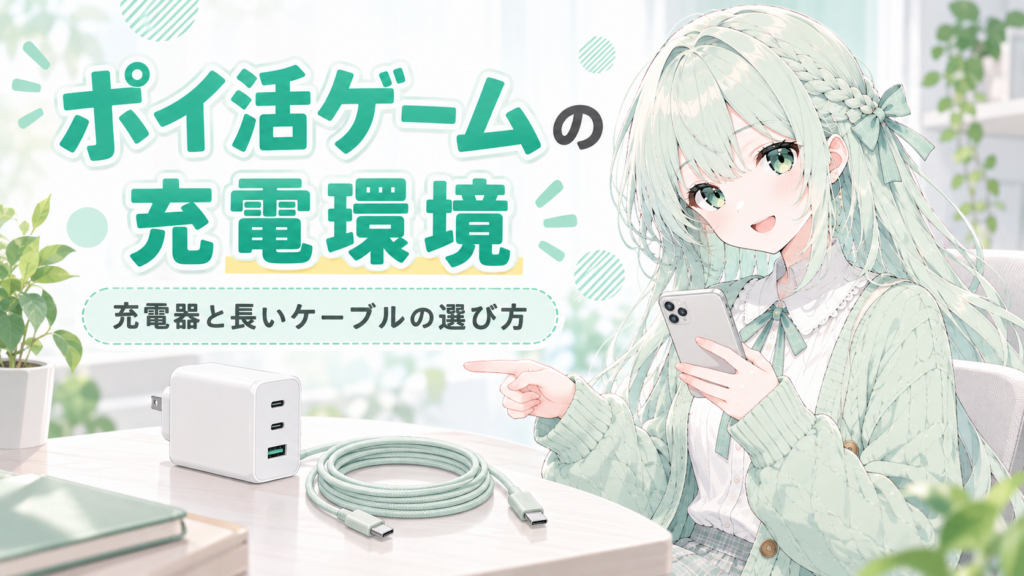 ポイ活ゲームの充電環境。ブログのイメージキャラクターが充電器とUSB-Cケーブルを紹介