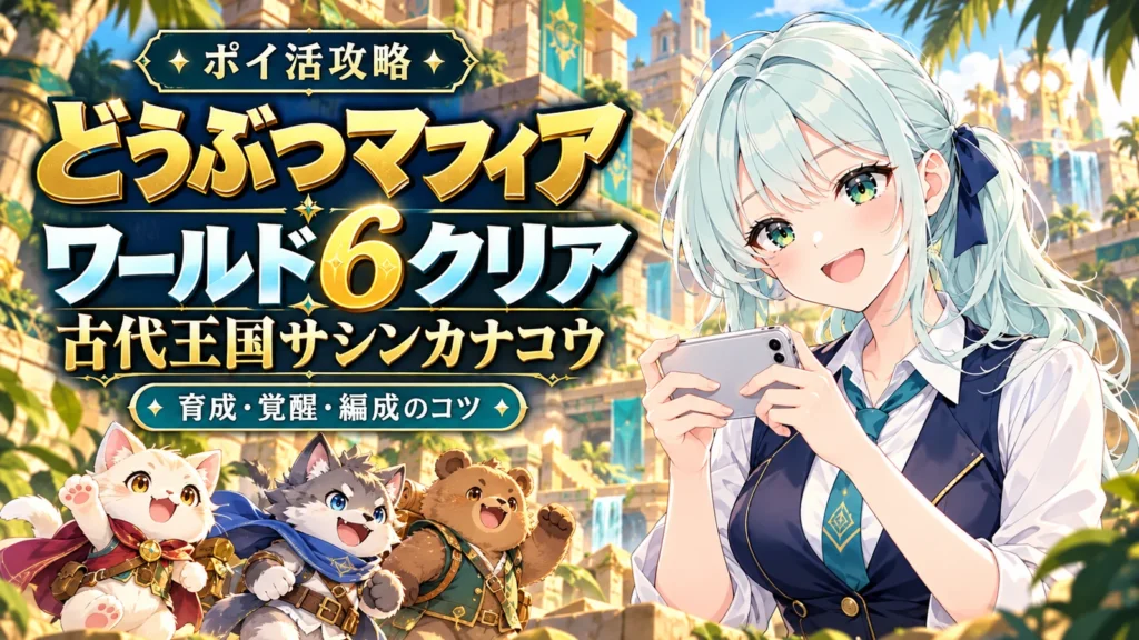 どうぶつマフィアのワールド6「古代王国サシンカナコウ」攻略。動物たちとスマホを持つ女の子のイラスト
