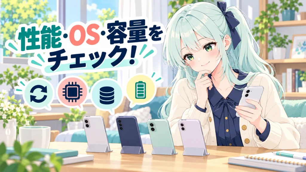 中古スマホの性能・OS・容量・バッテリーを確認するイメージ