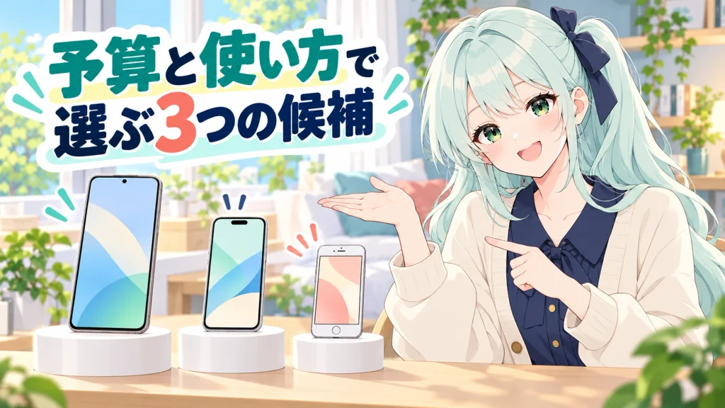 予算と使い方に合わせて3つのスマホ候補を比較するイメージ