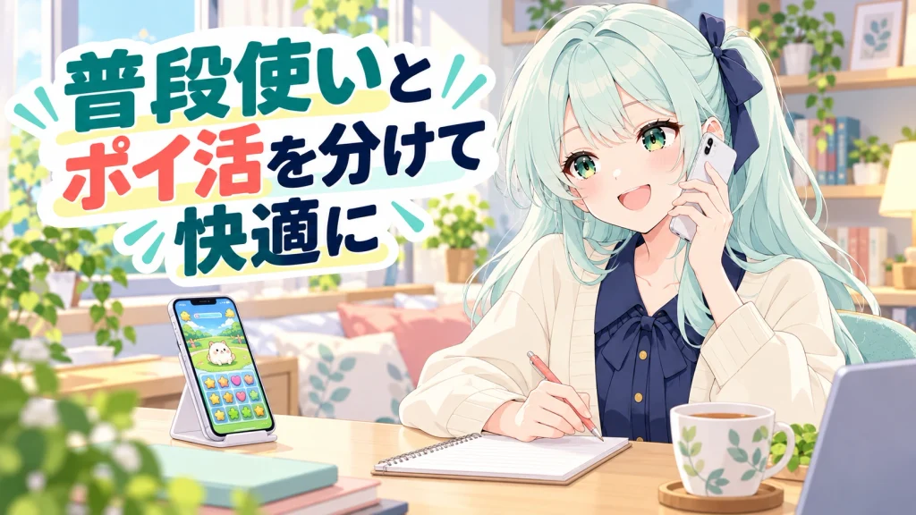 普段使いのスマホとポイ活用のサブ端末を使い分けるイメージ